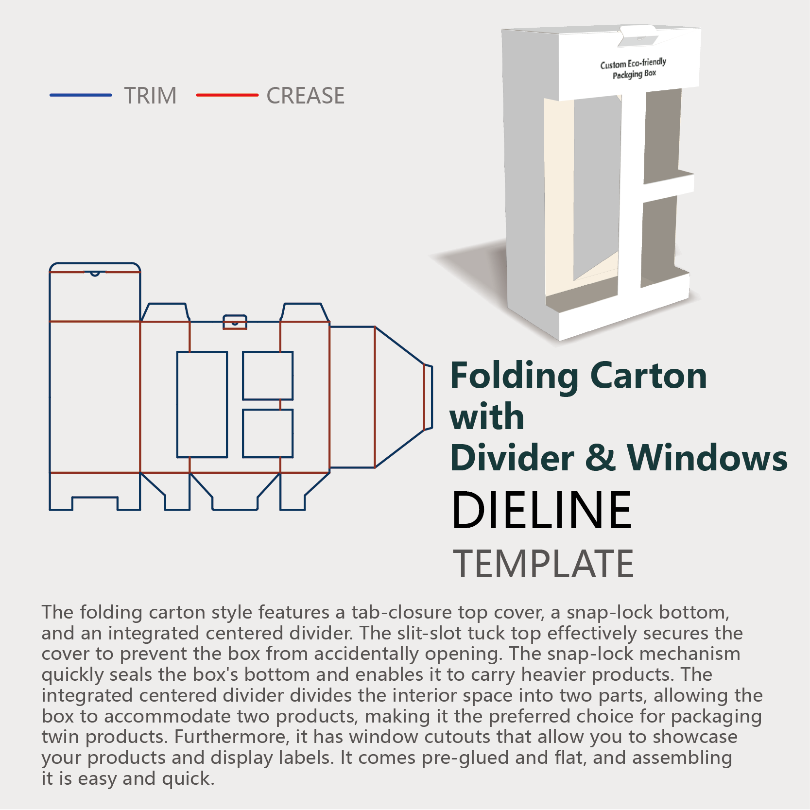  dieline instruction of customizable folding box with three windows and snap lock bottom