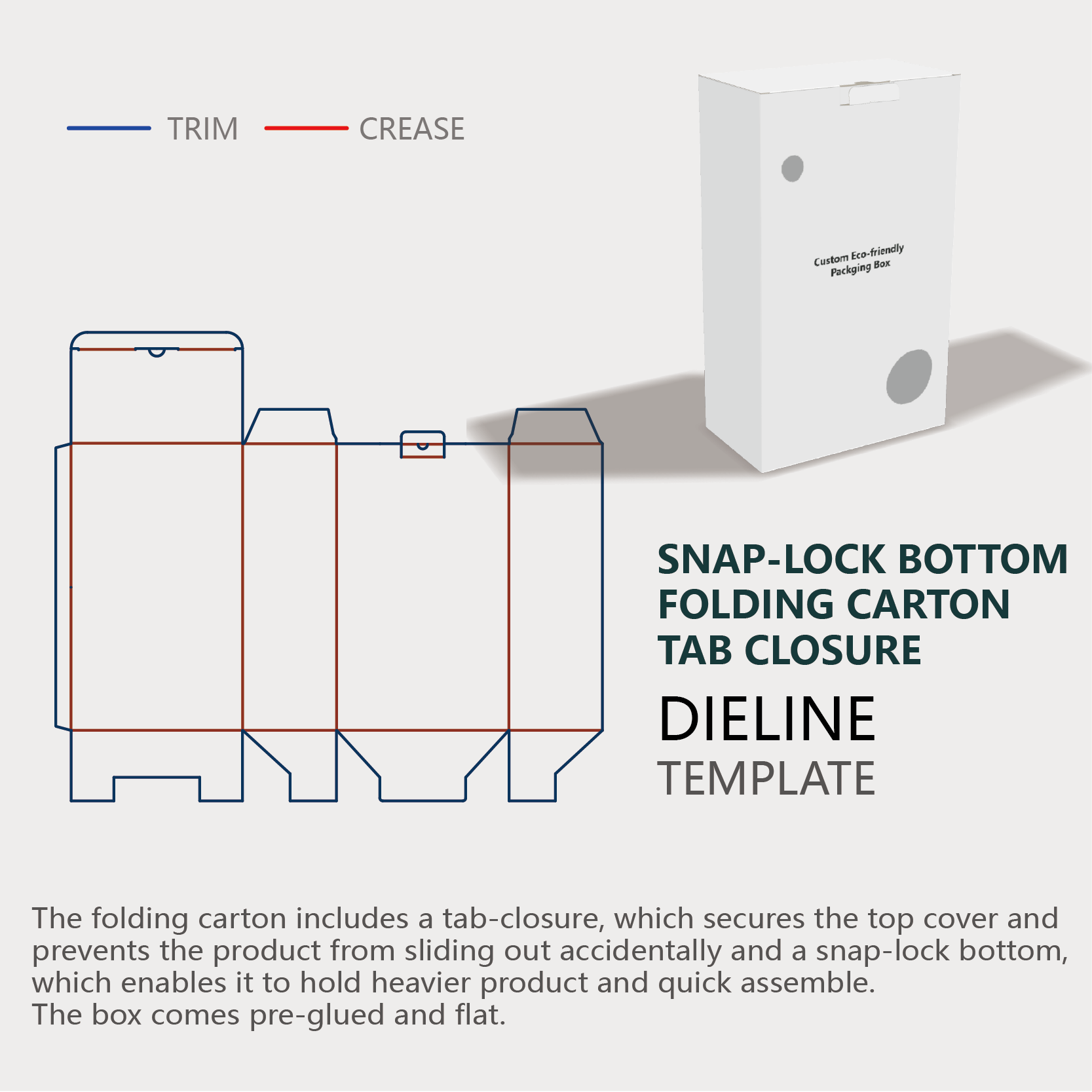  snap lock bottom folding carton with tab closure dieline instruction