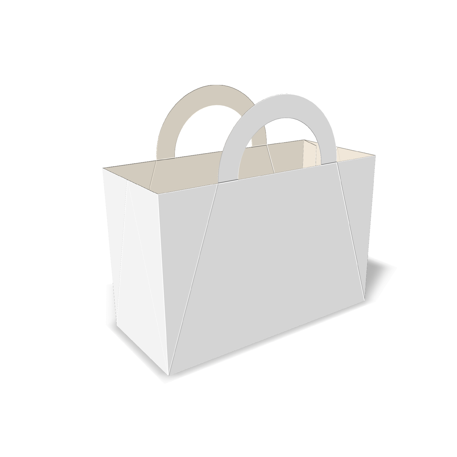 Two-dimensional paper bag 25019 vector dieline diagram alongside a three_D folded mockup of the custom cardboard box design.