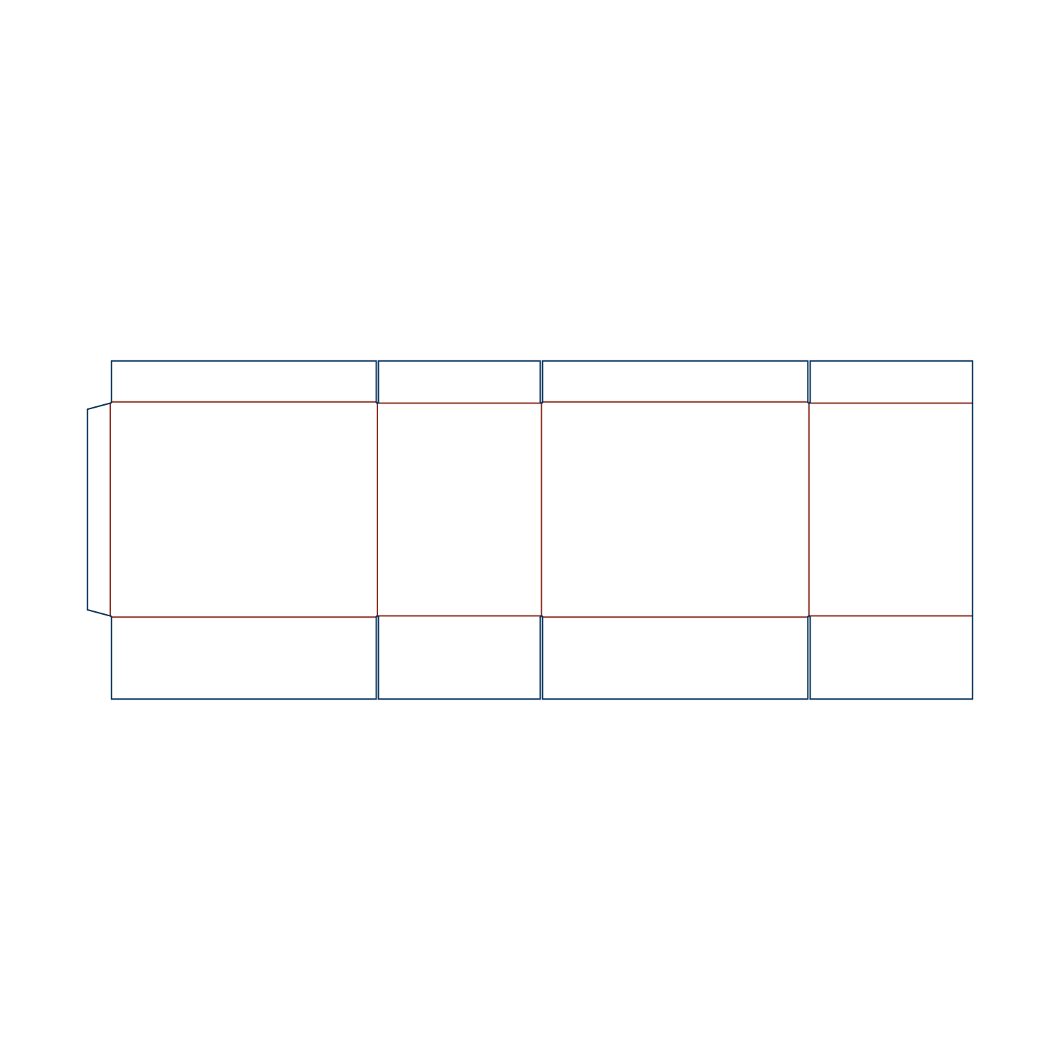Custom FEFCO 0209 flat dieline layout for a corrugated cardboard box template with a top flange and meet-in-center bottom flaps.