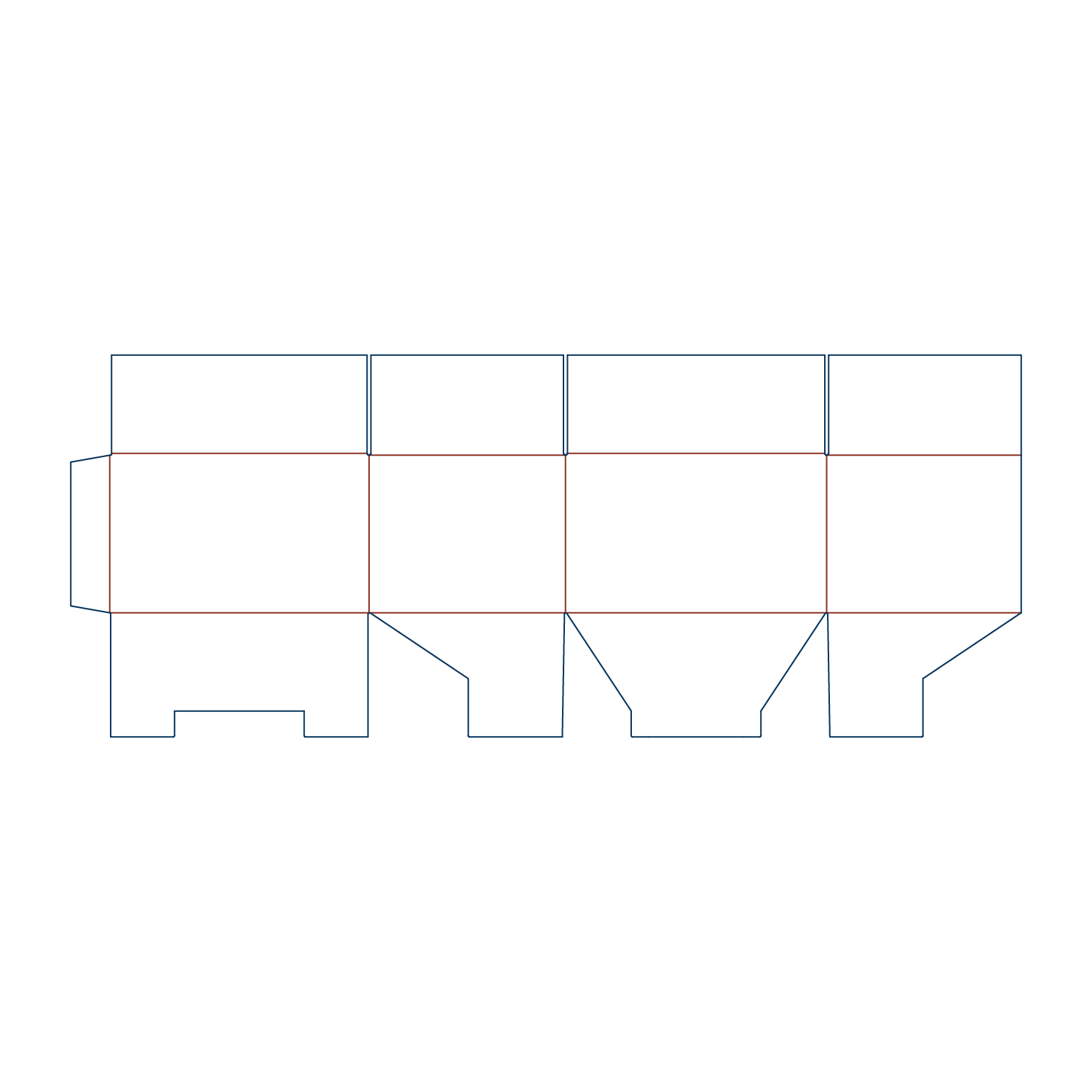 Custom FEFCO 0216 flat dieline layout for a folding corrugated cardboard box template featuring standard top flaps and a snap-lock bottom.