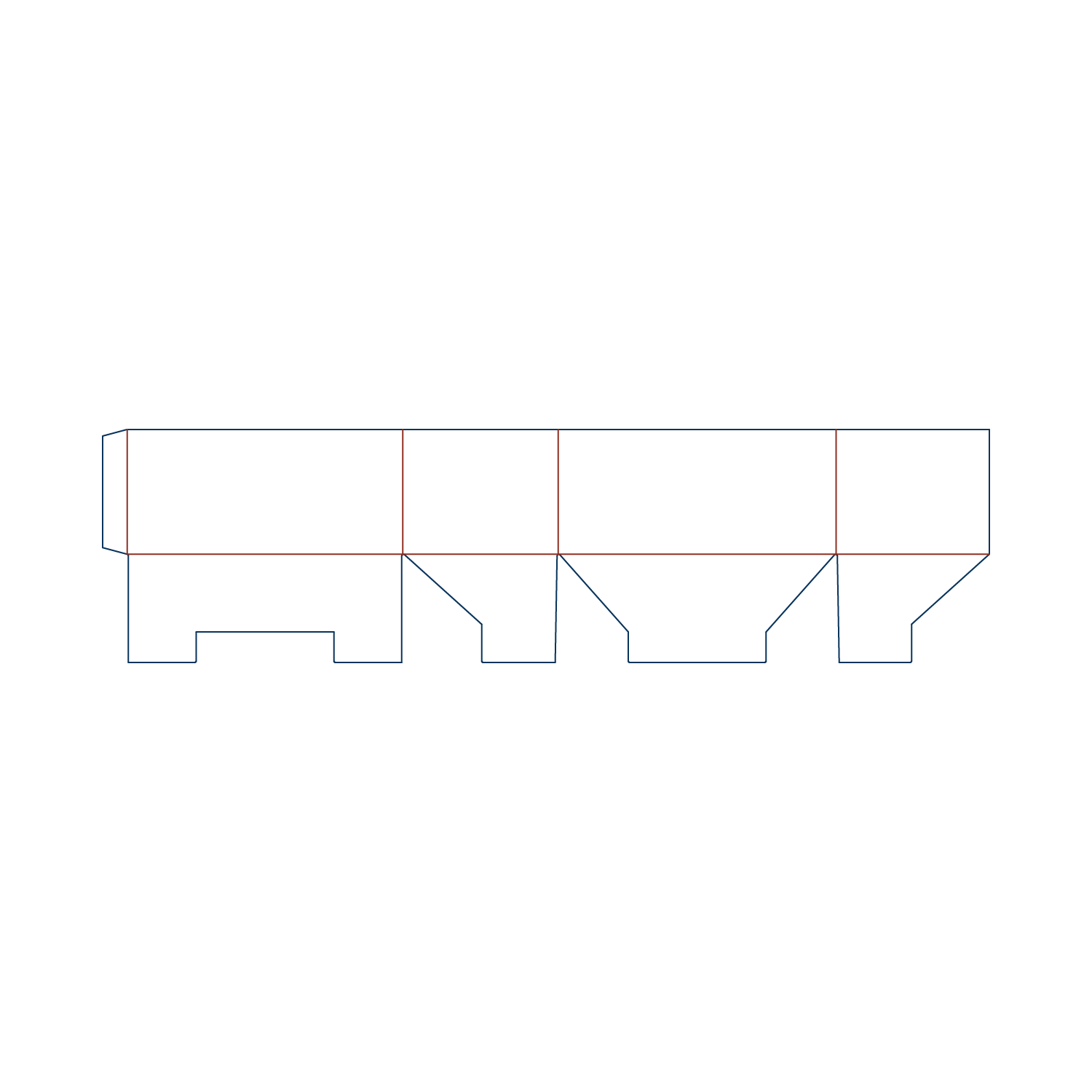 Custom FEFCO 0221 flat dieline layout for a folding corrugated cardboard box template featuring overlapping interlocking top and bottom flaps.