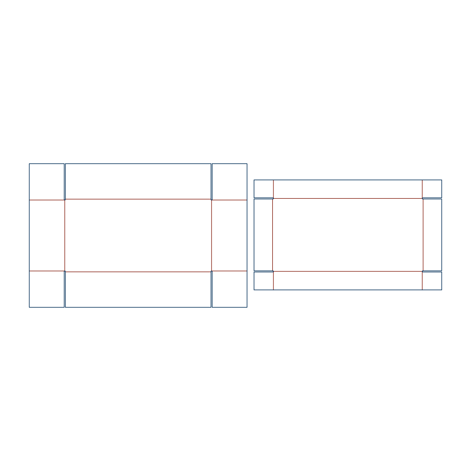 Custom FEFCO 0306 flat dieline layout for a two-piece telescope box template with meeting outer flaps on both the lid and base structures.