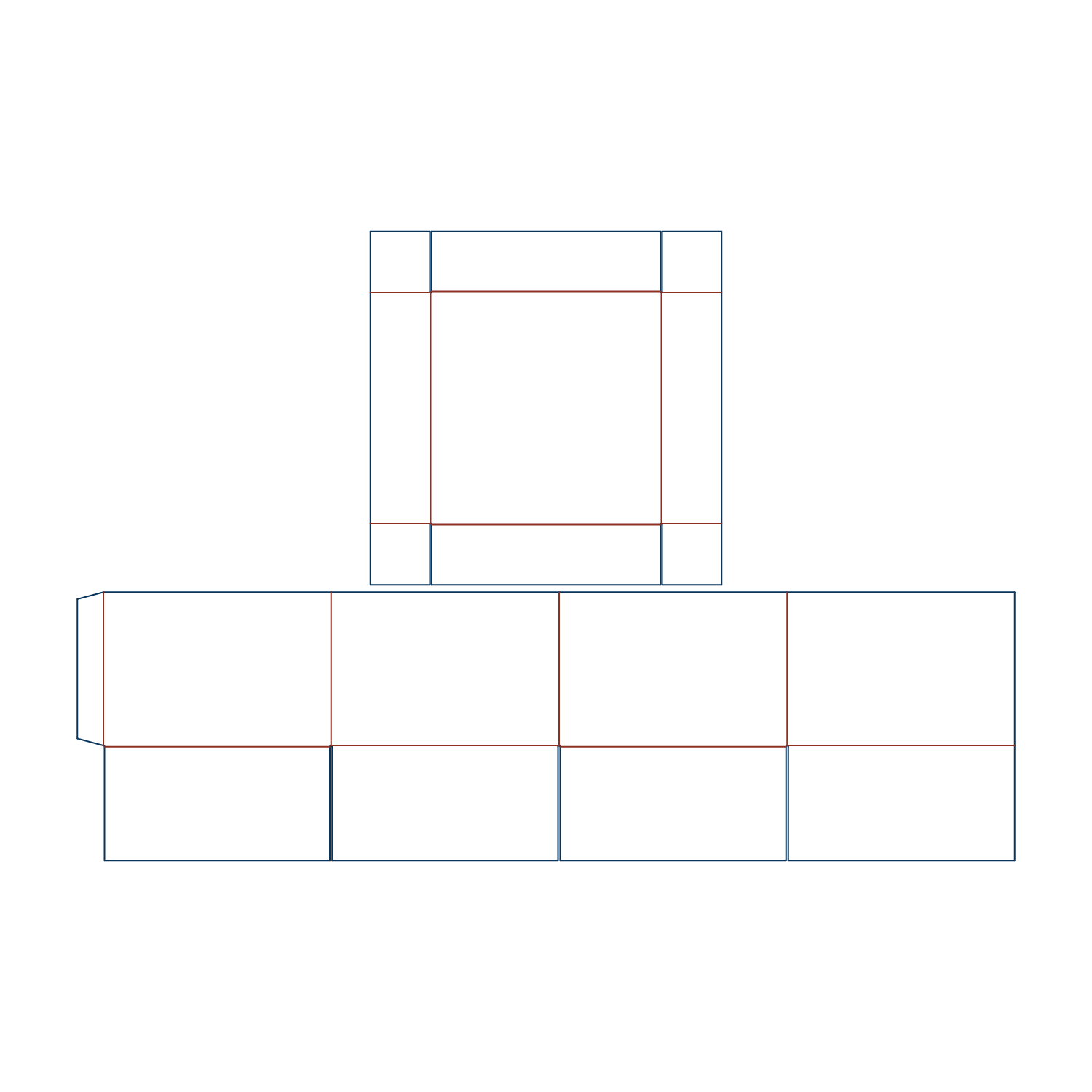 Custom FEFCO 0312 flat dieline layout for a telescope carton template featuring half-telescoping lid dimensions and a slotted base box.