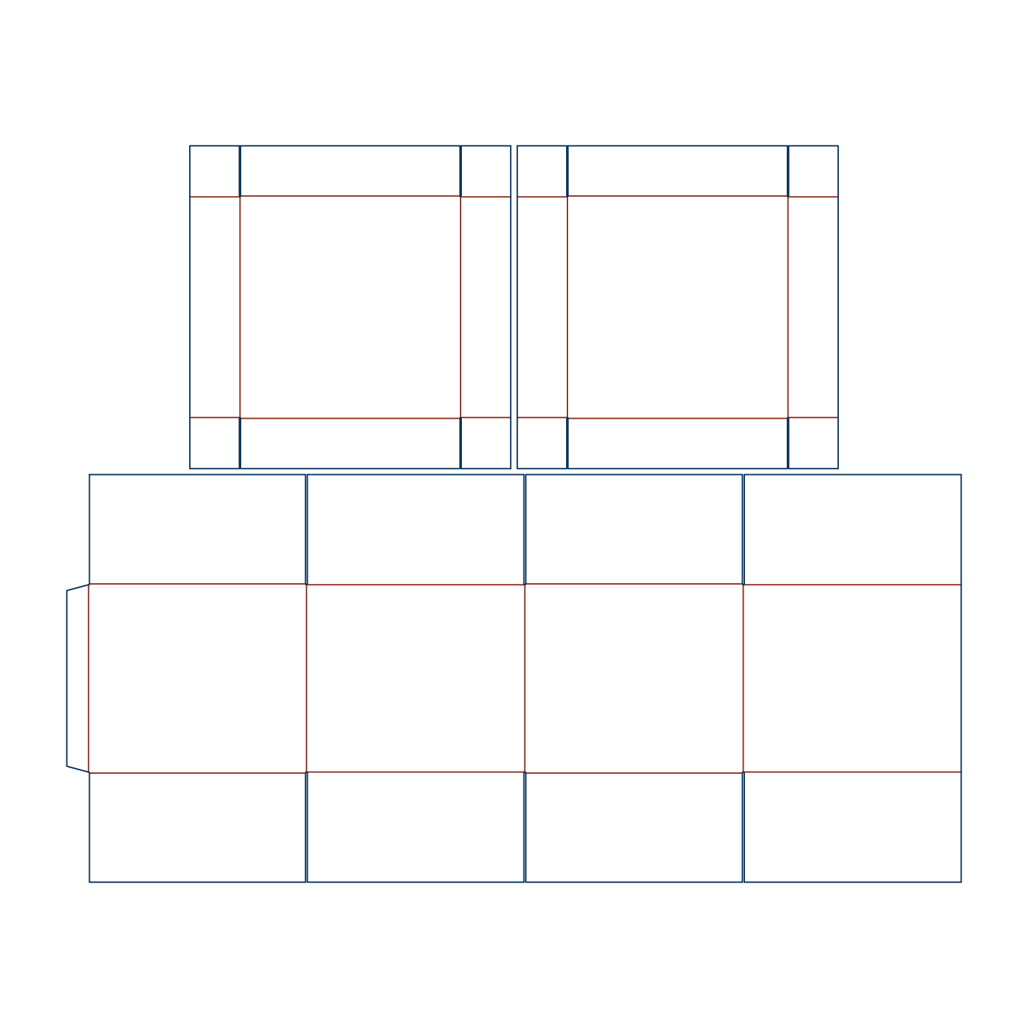 Custom FEFCO 0313 flat dieline layout for a multi-piece telescope shipping carton template featuring internal and external box elements.