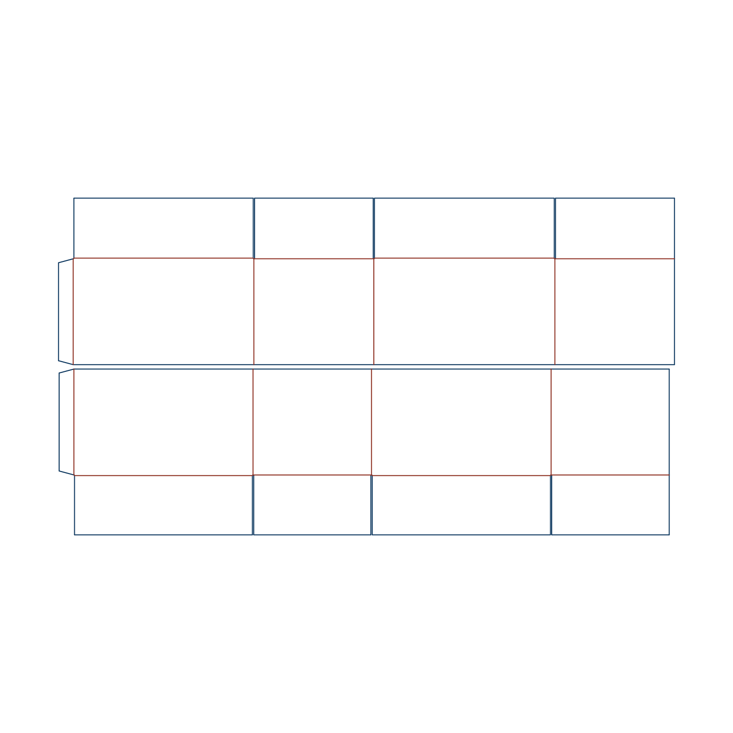 Custom FEFCO 0320 flat dieline layout for an extra-strong telescopic box template with a separate lid and base each closing with four flaps.
