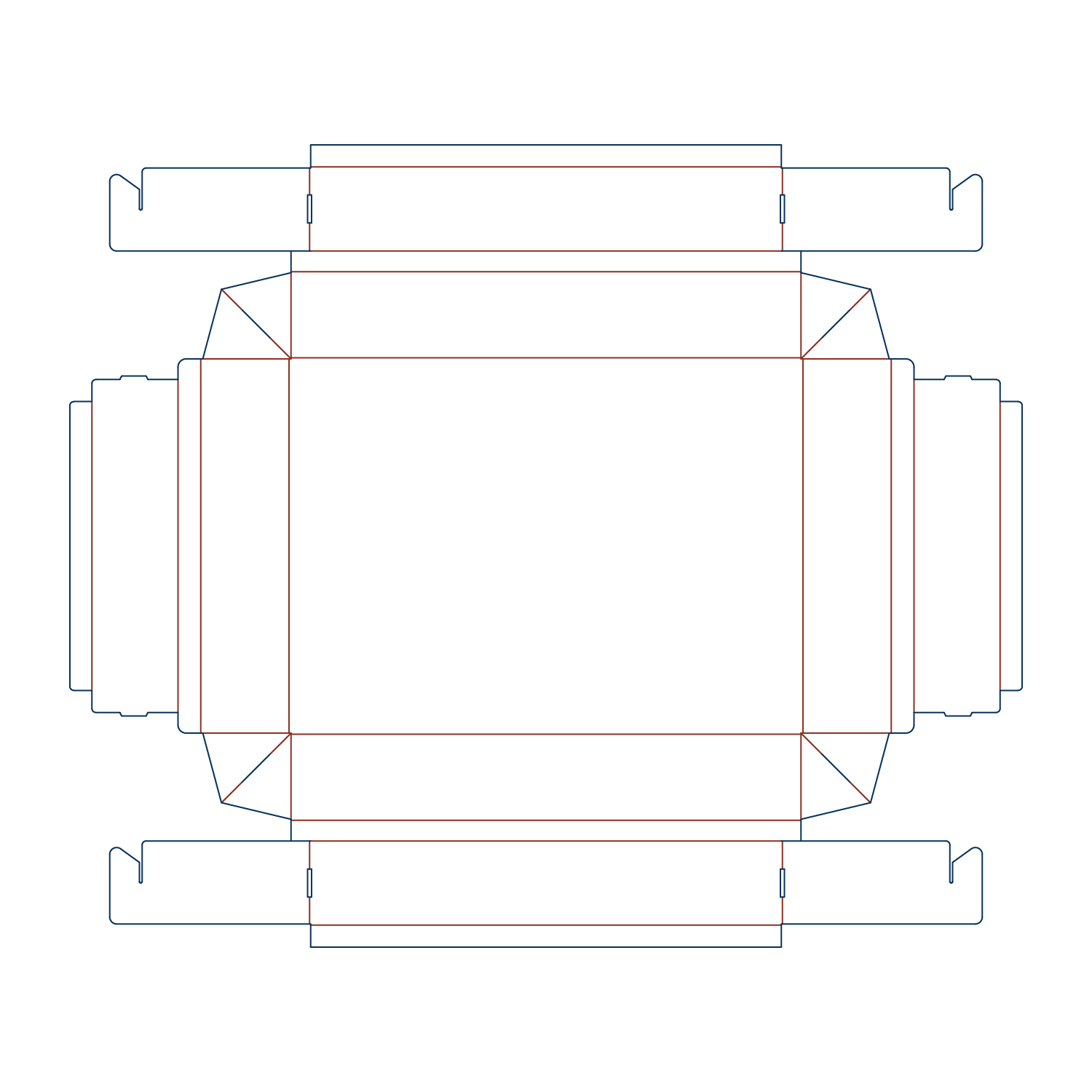 Custom tray box 27006 flat dieline layout for a one-piece corrugated board folder template with interlocking closure flaps.