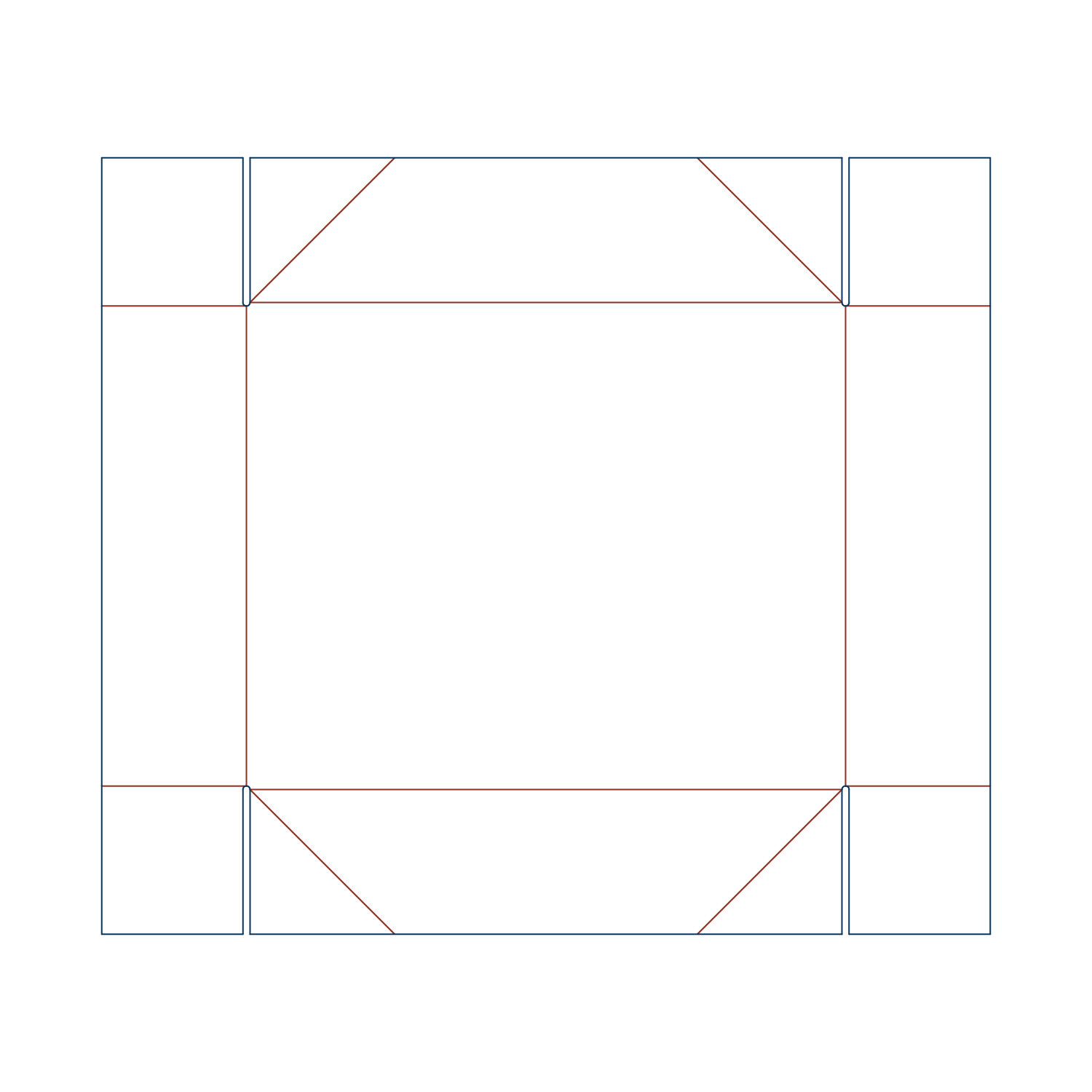 Custom tray box 27015 flat dieline layout for a regular slotted cardboard template featuring a specialized folding side wall.