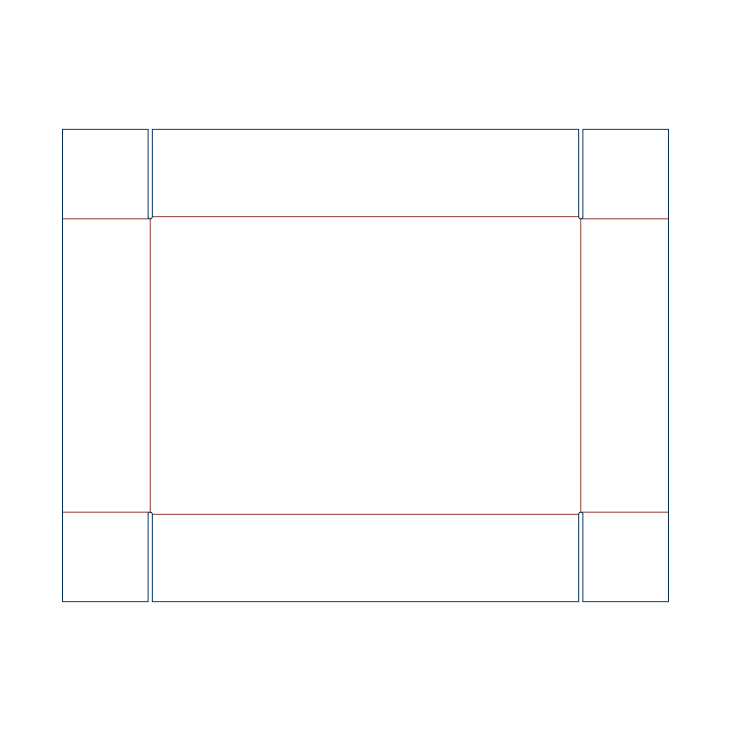 Custom tray box 27007 flat dieline layout for a slotted corrugated folder box template with multi-layered protective corners.