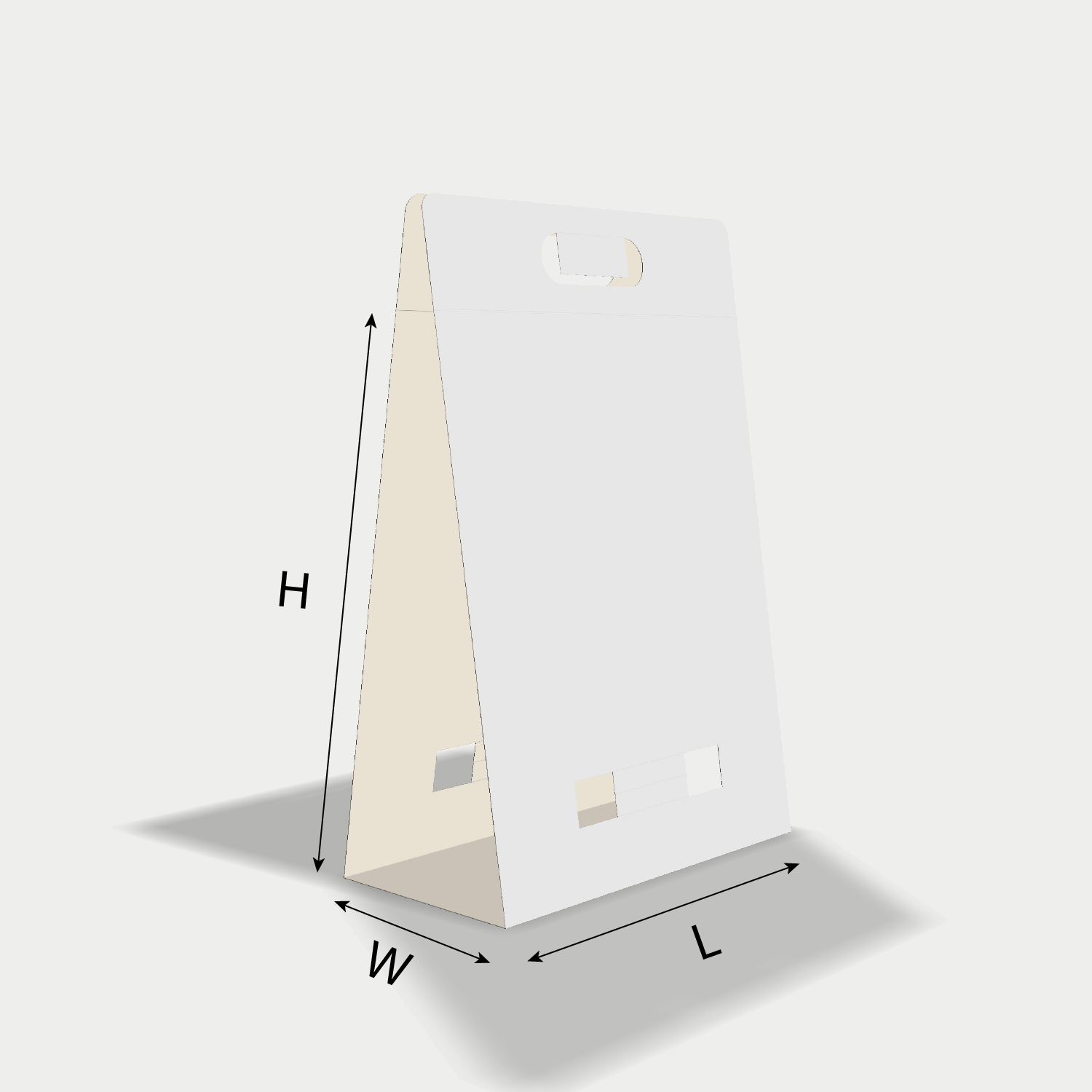 Custom paper bag 25023 dieline generator interface with length, width, and height size guidelines.