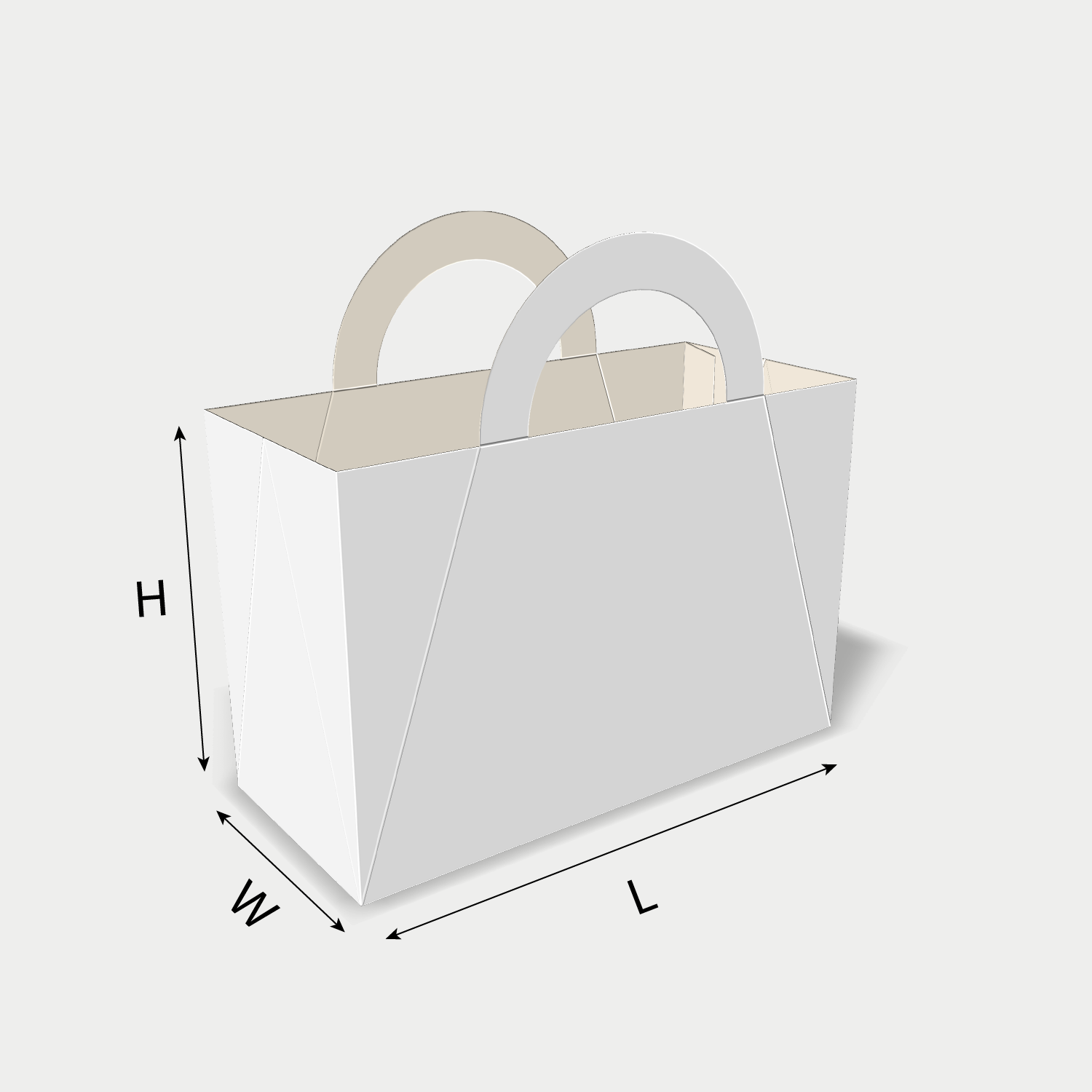 Custom paper bag 25019 dieline generator interface with length, width, and height size guidelines.