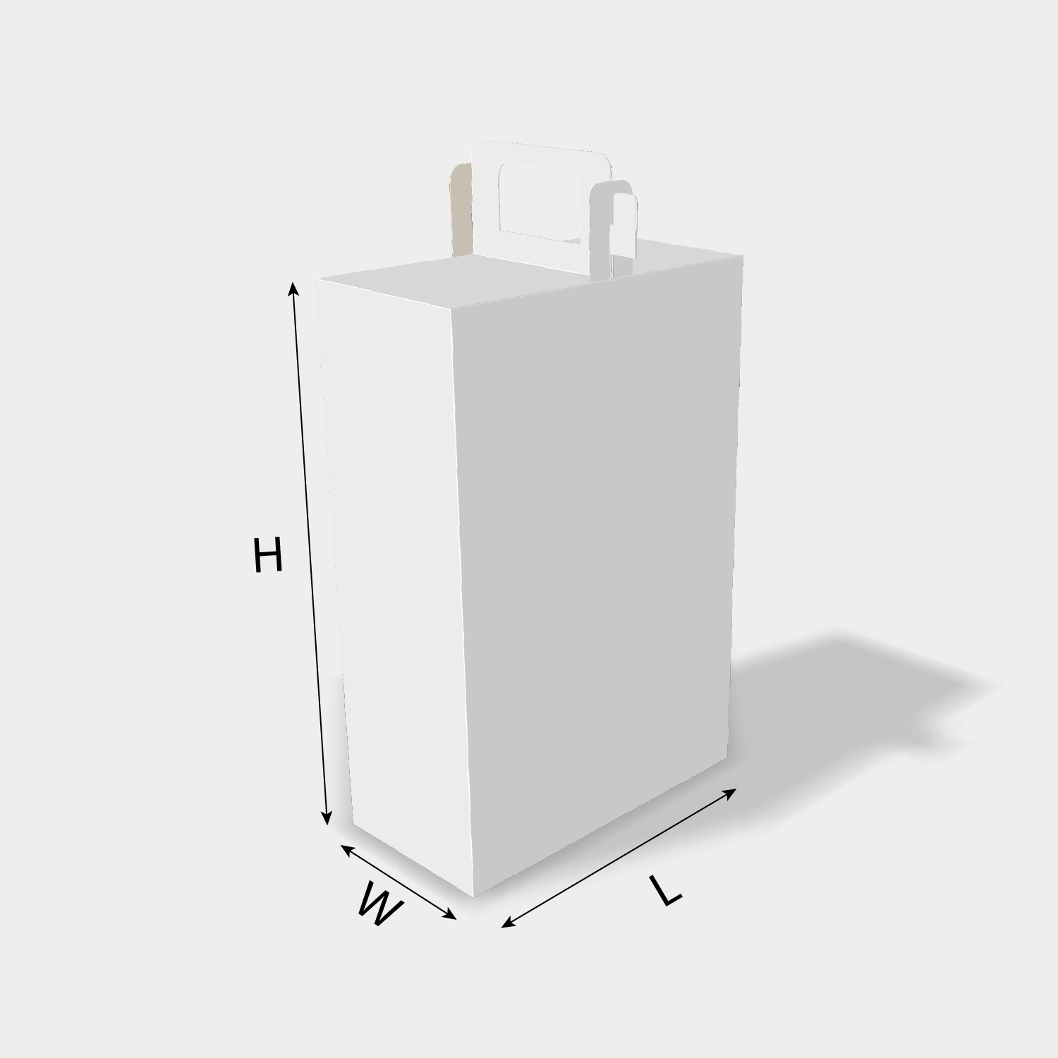 Custom paper bag 25020 dieline generator interface with length, width, and height size guidelines.