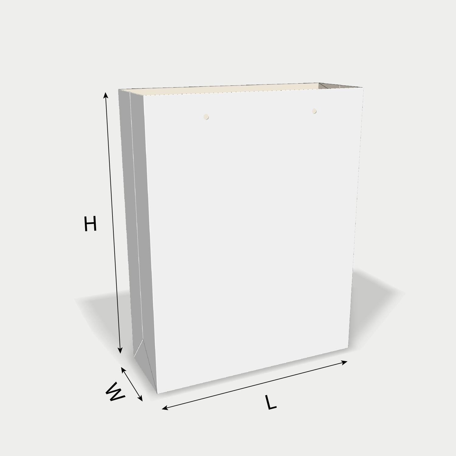 Custom paper bag 25015 dieline generator interface with length, width, and height size guidelines.