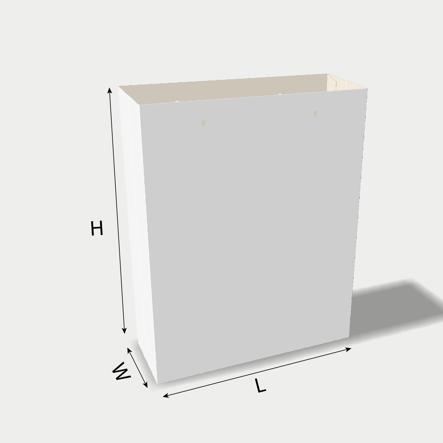 Custom paper bag 25016 dieline generator interface with length, width, and height size guidelines.