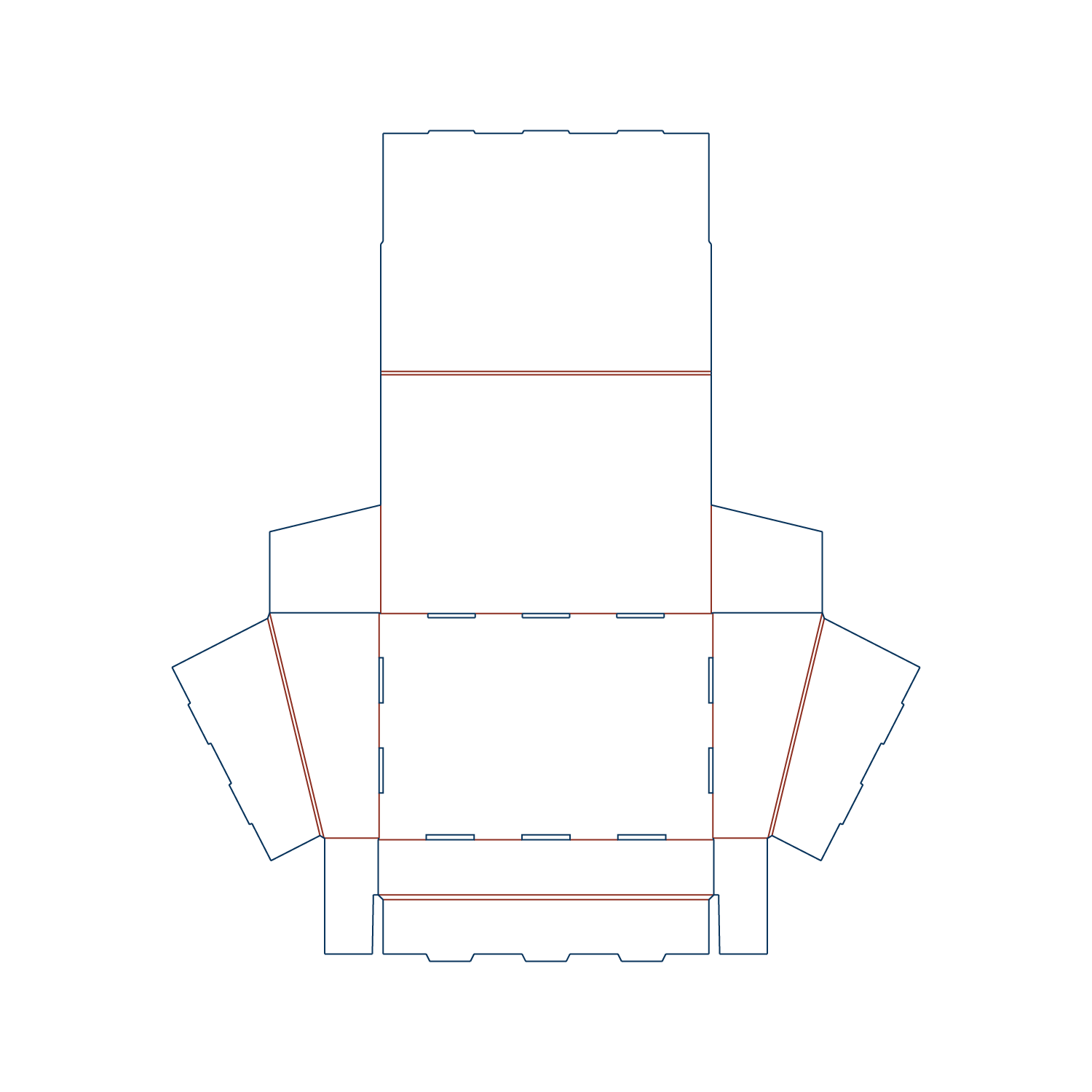 Screenshot of the custom beveled side tuck side display tray box dieline generator tool interface featuring parametric measurement inputs and a flat packaging vector blueprint.