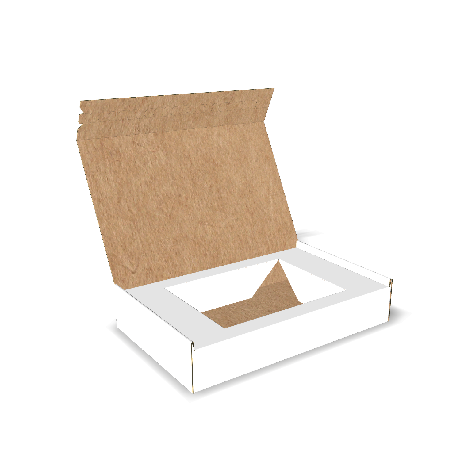 Custom wingless corrugated mailer box with built-in insert cushioning and tamper-evident tear strip.
