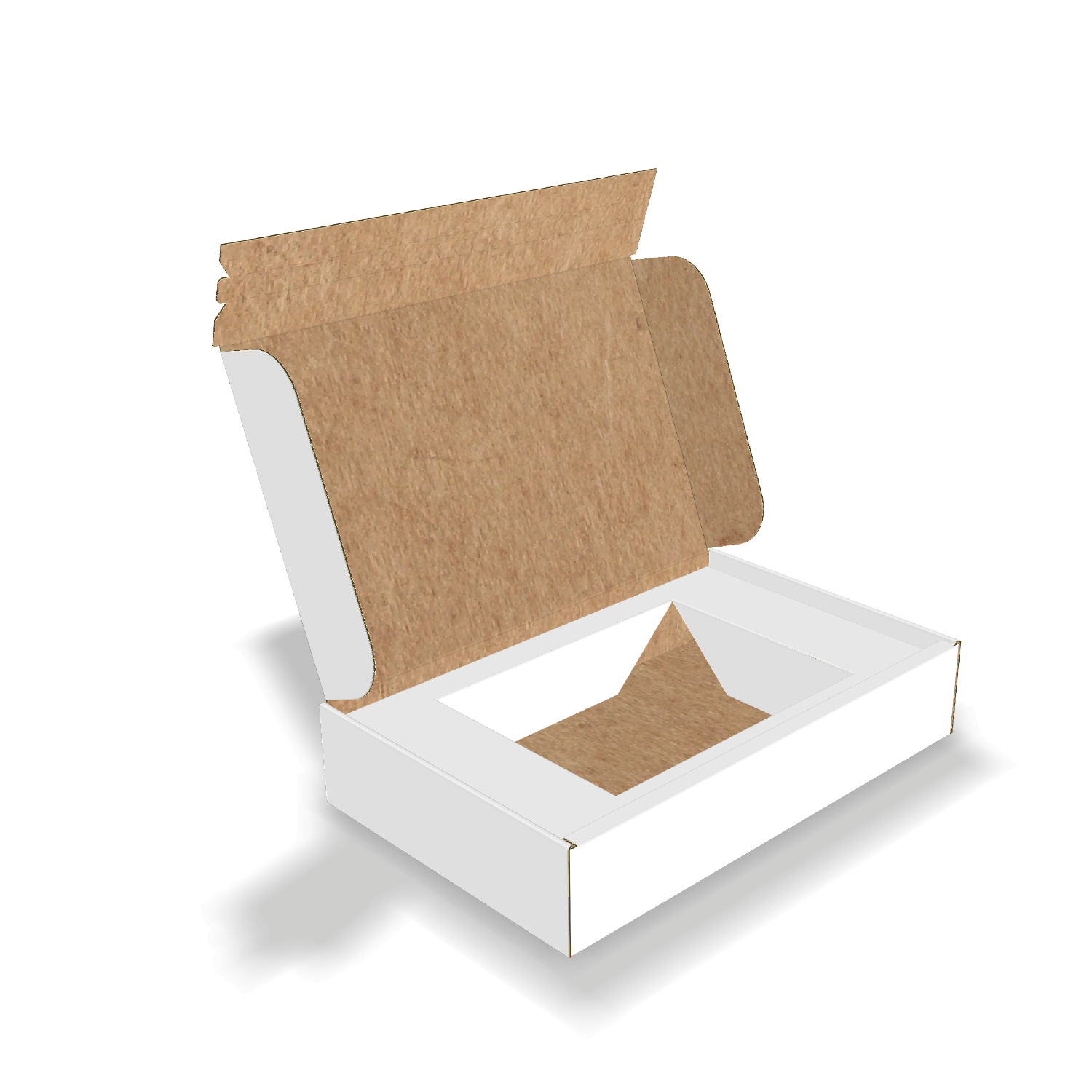 Custom corrugated shipping mailer box type B with a dented protective insert structure and secure adhesive tear strip.