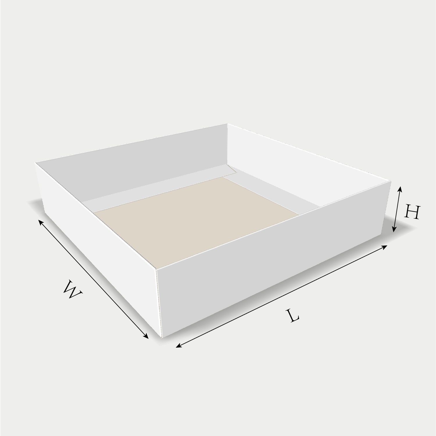 Custom tray box 27016 dieline generator interface with length, width, and height size guidelines.