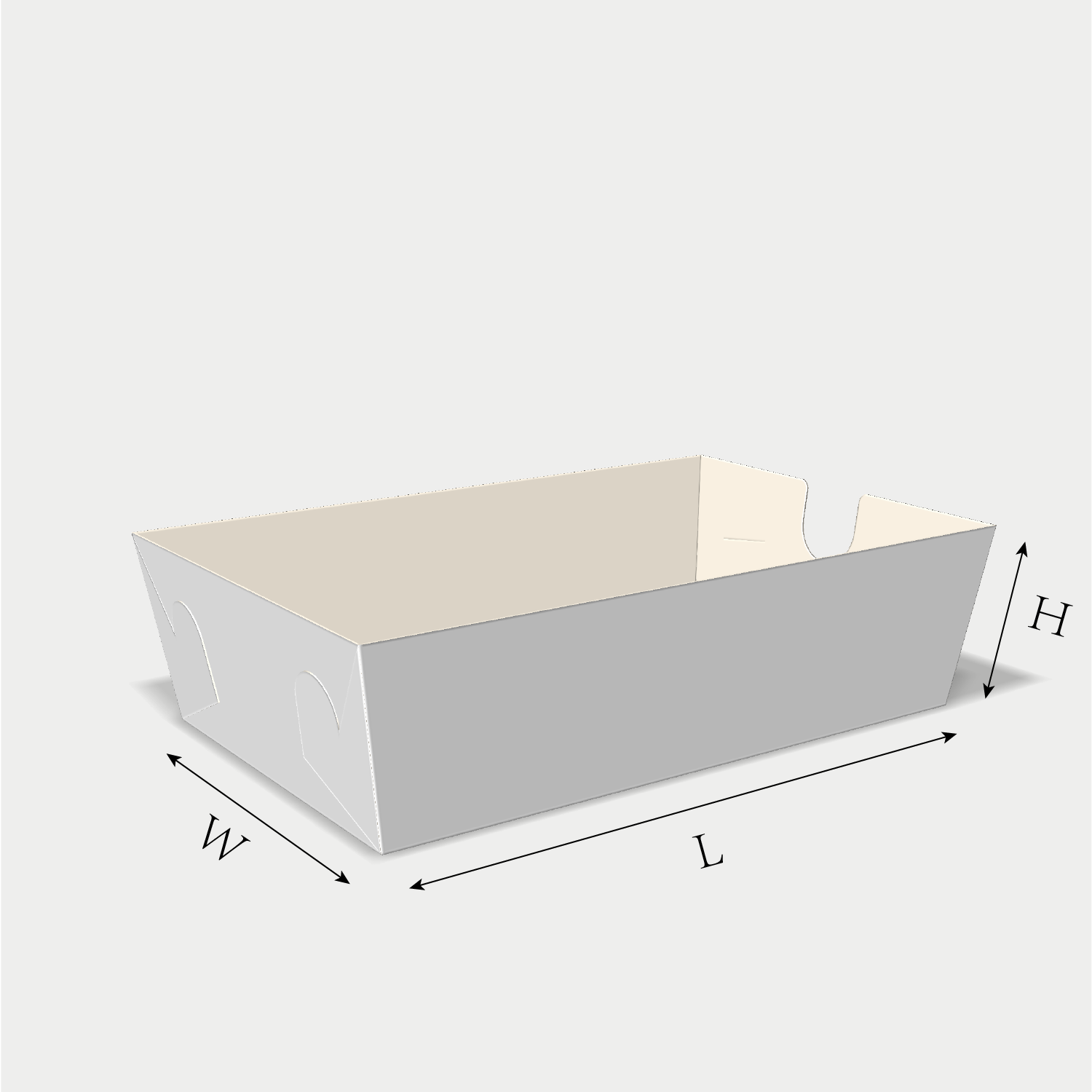 Custom tray box 27020 dieline generator interface with length, width, and height size guidelines.