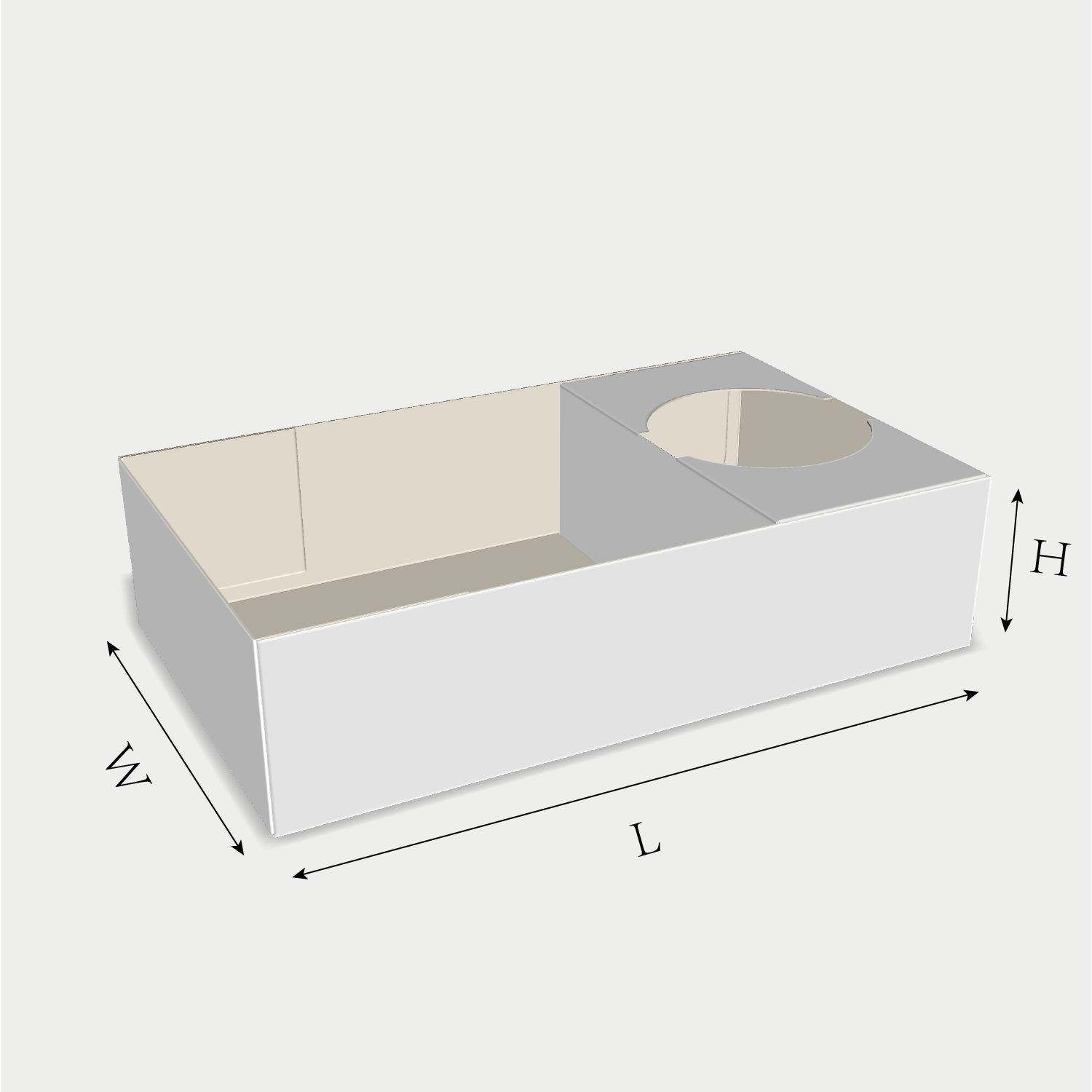 Custom tray box 27022 dieline generator interface with length, width, and height size guidelines.