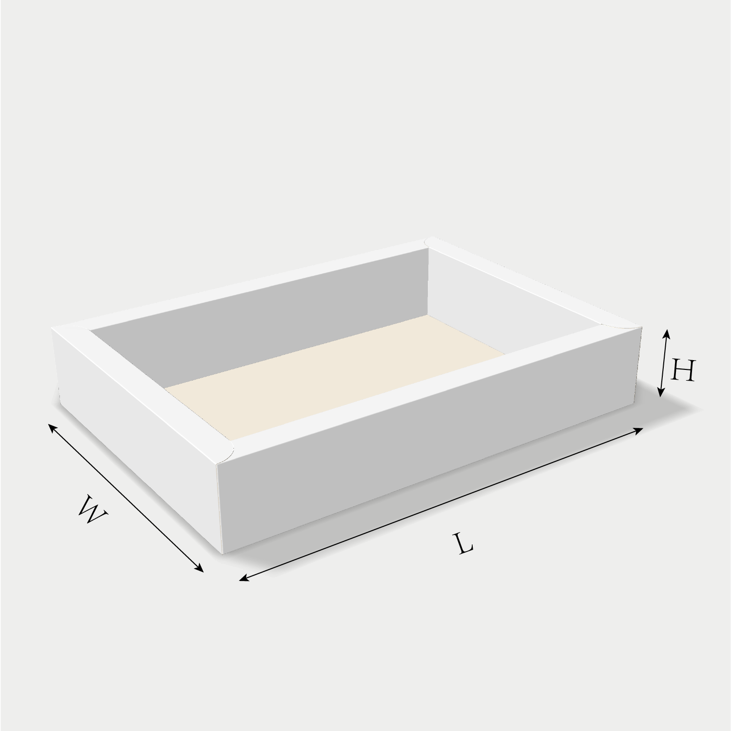 Custom tray box 27025 dieline generator interface with length, width, and height size guidelines.