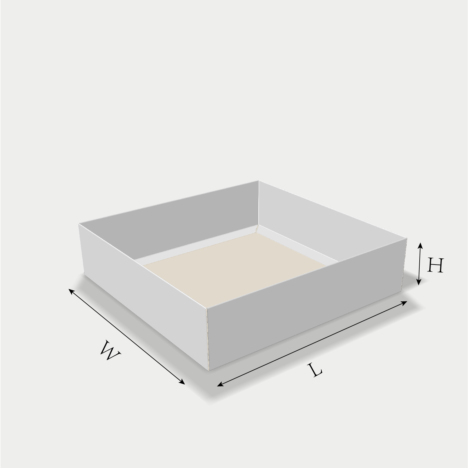Custom tray box 27031 dieline generator interface with length, width, and height size guidelines.
