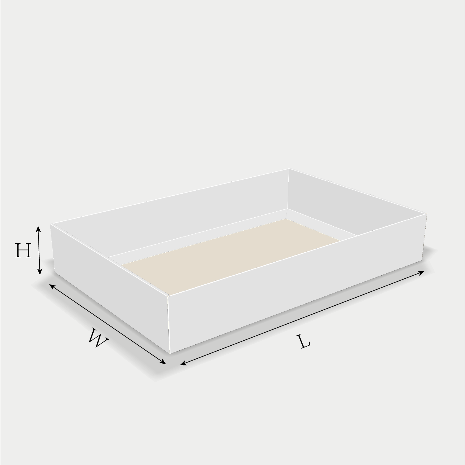 Custom tray box 27001 box dieline generator interface with length, width, and height size guidelines.