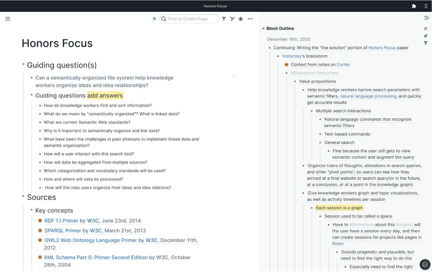 A Roam Research workspace containing a page and a block outline