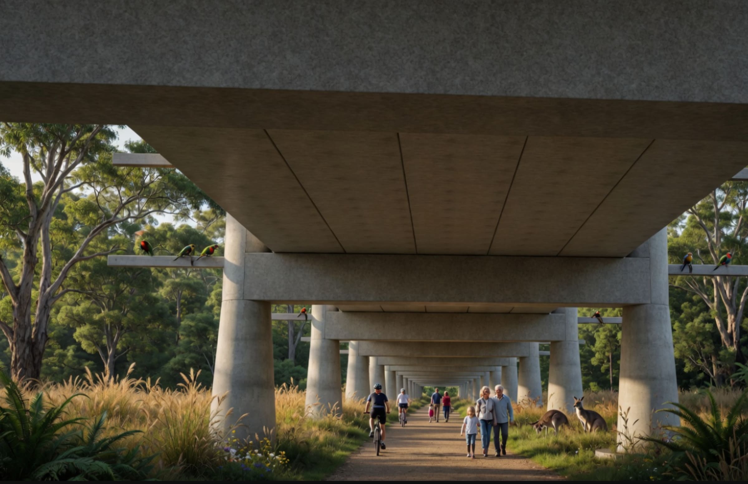 Shared path beneath the SBC elevated viaduct corridor in Australian eucalyptus forest