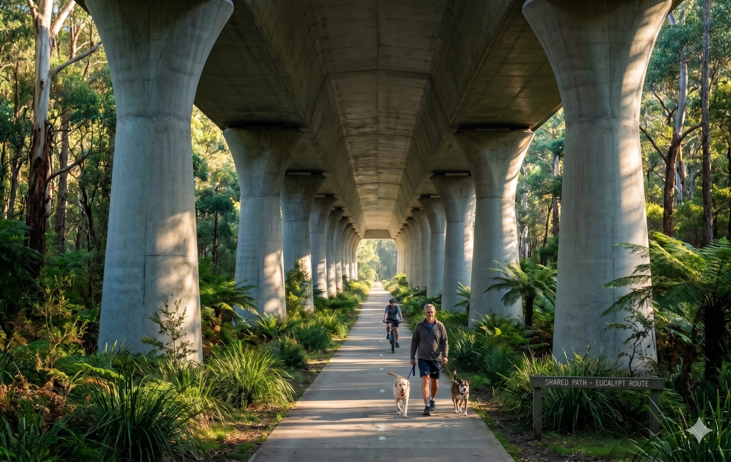 Under-viaduct shared path — cyclist and dog walker beneath elevated SBC corridor in Australian bush