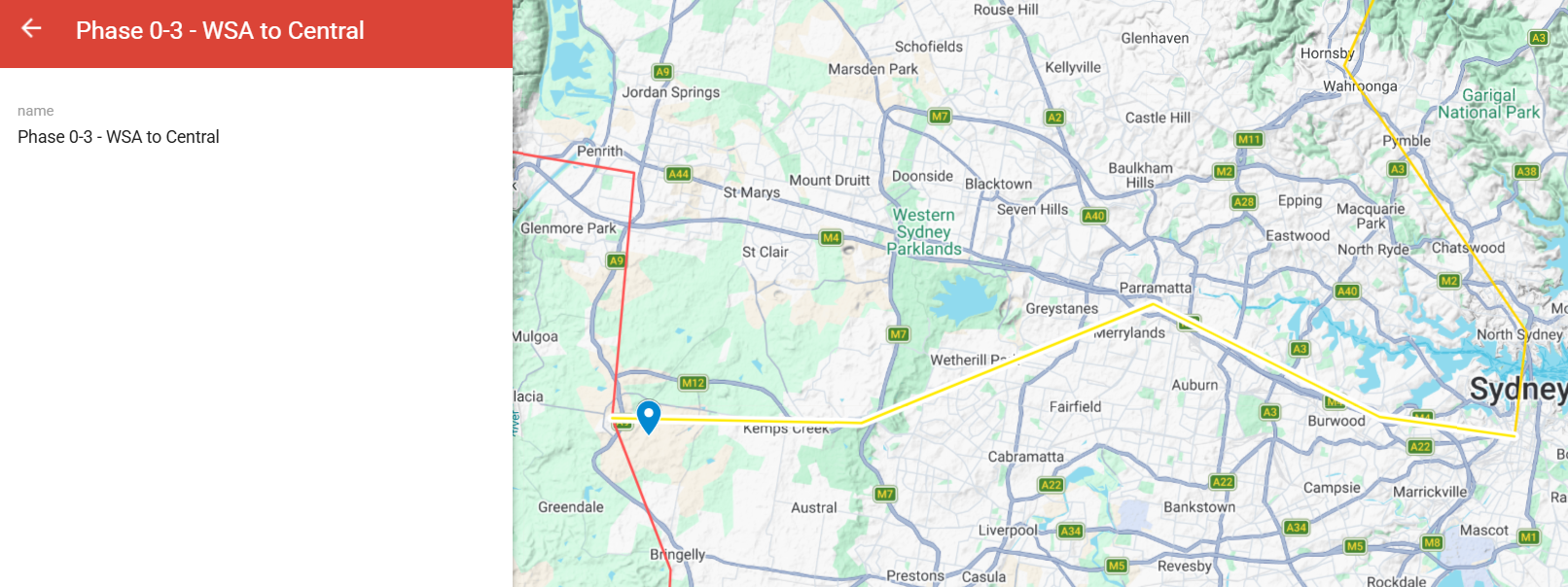 Phase 0-3 route map — Western Sydney Airport to Sydney Central, 50 km.
