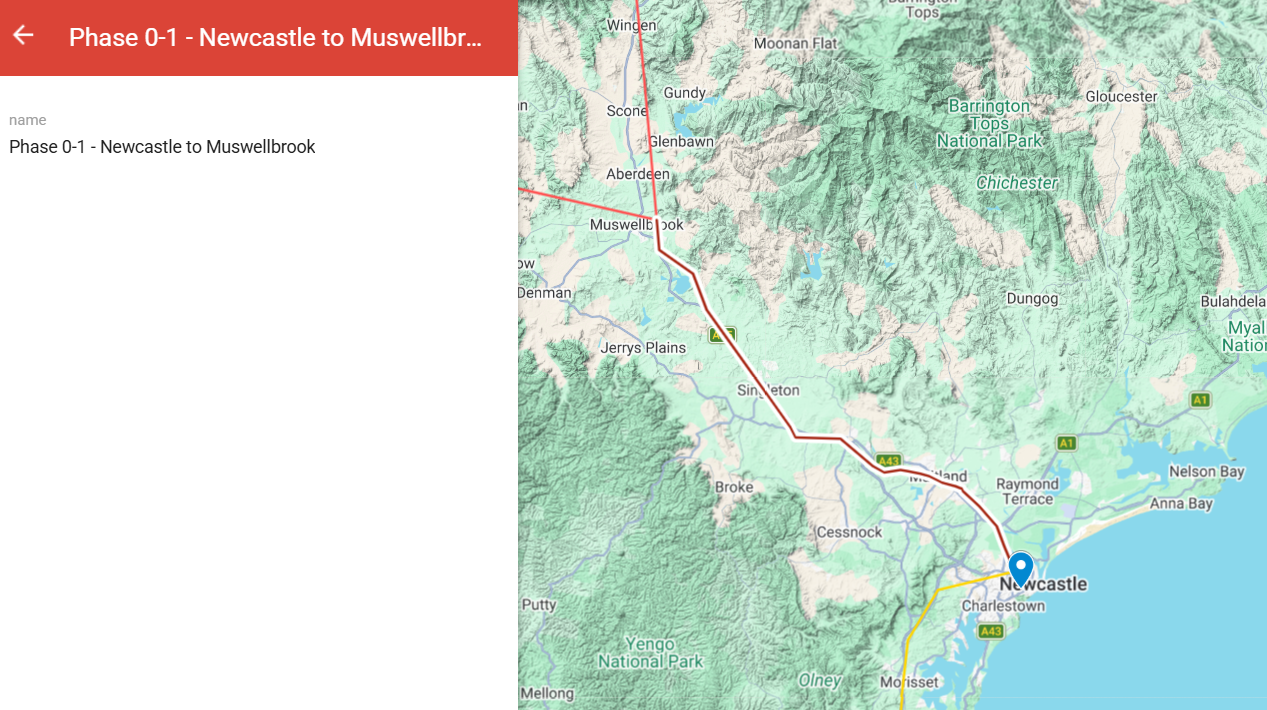 Phase 0-1 route map — Hunter Valley spur, Newcastle to Muswellbrook, 113 km.