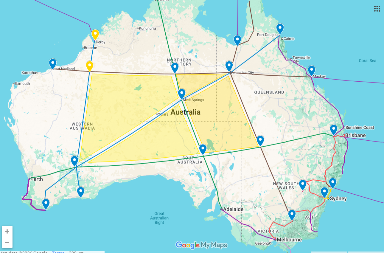 Map of the MMA continental plan — the red line is Phase 0, the Melbourne–Brisbane inland spine. The six Sovereign Build Corridors radiate across Australia connecting every state and territory to the central engine at Alice Hub. The four yellow regions are the Solar and Farming Zones — desert solar generation and agrivoltaic productive country.