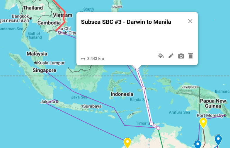 Map showing the Darwin to Manila subsea corridor route through Indonesian waters and the Sulu Sea