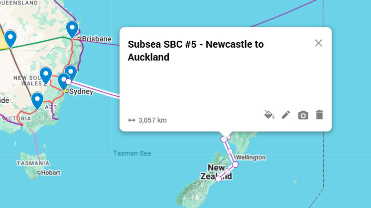 Map showing the Newcastle to New Zealand subsea corridor route across the Tasman Sea