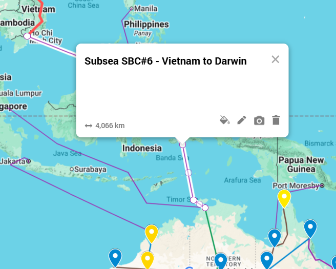 Map showing the Vietnam to Darwin subsea corridor route through the South China Sea and the Indonesian archipelago
