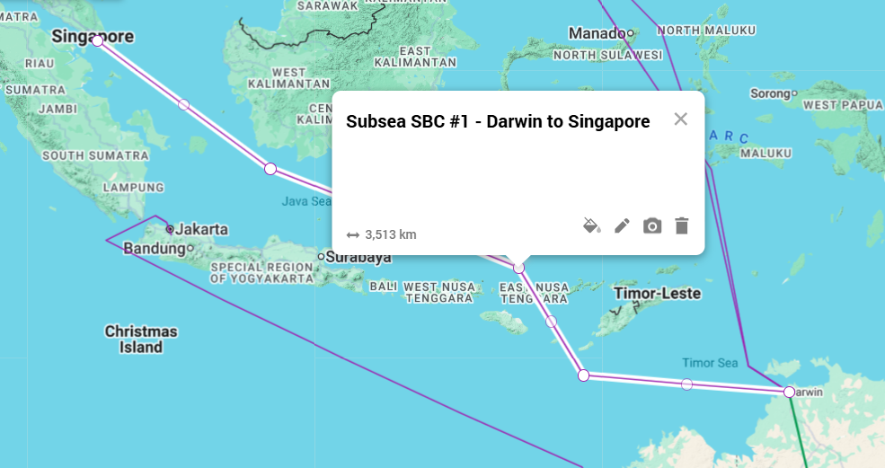 Map showing the Darwin to Singapore subsea corridor route across the Timor Sea and through Indonesian waters