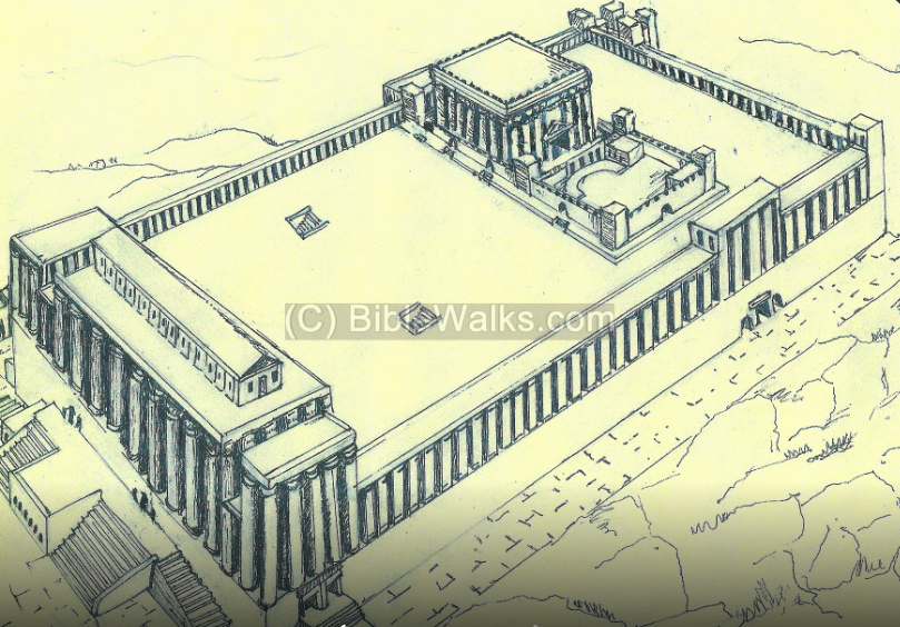 Reconstruction of Herod's Temple Mount complex in Jerusalem — the platform, colonnades, and Royal Stoa.