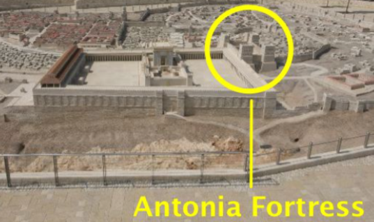 The position of the Antonia Fortress in relation to Herod's Temple and the Temple Mount platform.