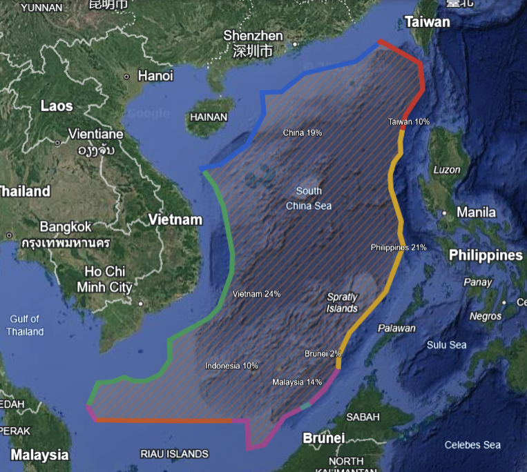 Map of the South China Sea showing the 150 km national bands and the shared Union Zone beyond, with each nation's coastline share