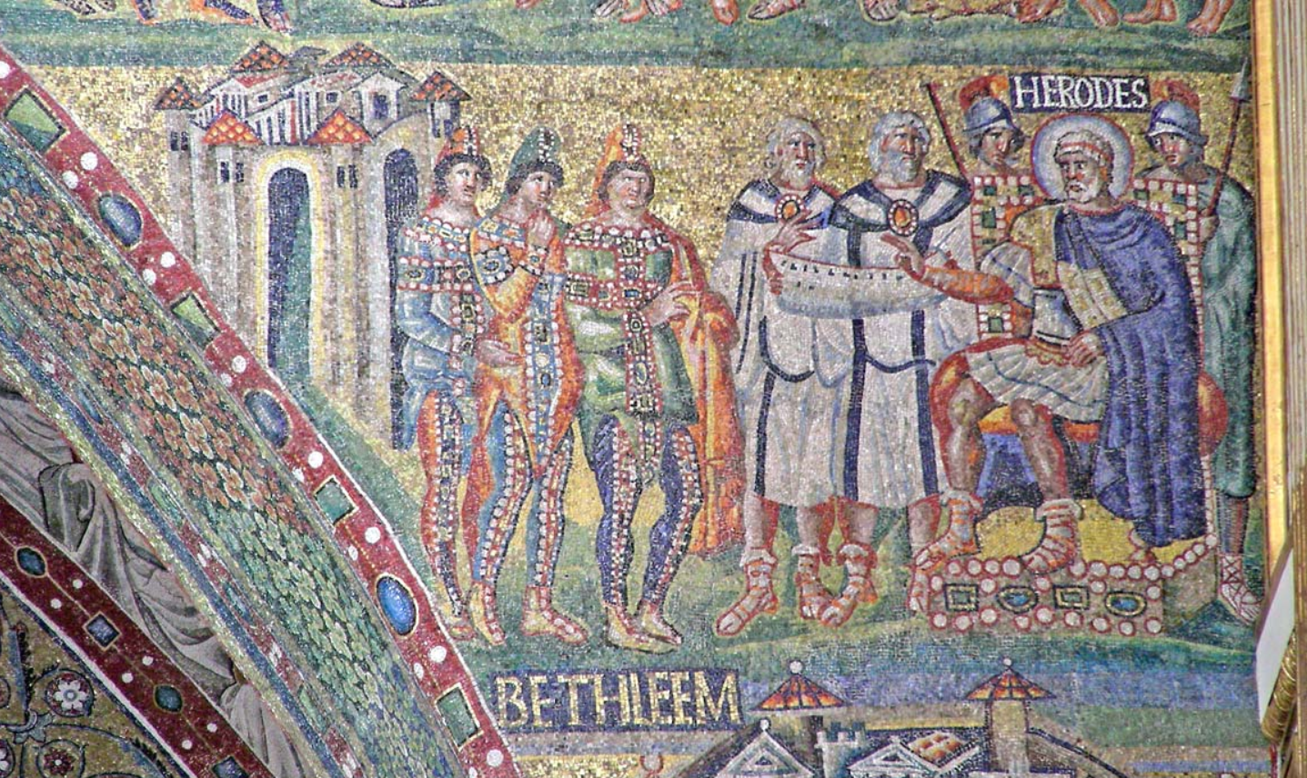 Fifth-century mosaic at Santa Maria Maggiore: the three Magi, the chief priests and scribes with a scroll, and Herod enthroned and haloed under the label HERODES, with BETHLEEM lettered below