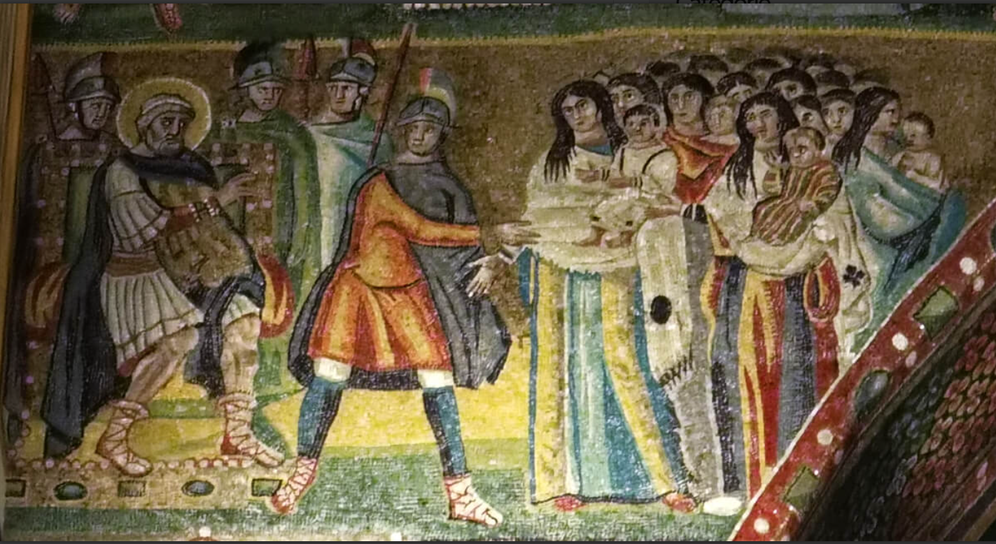 Fifth-century mosaic at Santa Maria Maggiore showing Herod enthroned, a soldier, and a group of mothers holding living children
