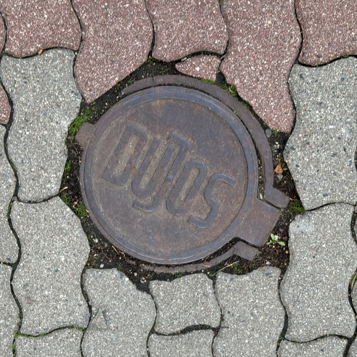 Cesta z betonových dlaždic, střídajících šedé a červenohnědé odstíny, obklopuje oválný kovový artefakt. Na jeho povrchu  in Palanga, Klaipėda County, Lithuania — CoverSpot