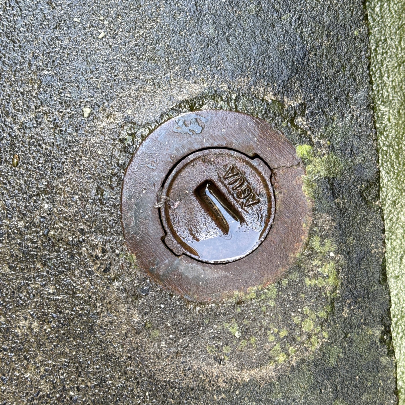 Kulatý, rezavý kovový kryt je zasazen do drsného betonového povrchu, který je místy pokrytý mechem a vlhkostí. Uprostřed in Funchal, Madeira, Portugal — CoverSpot