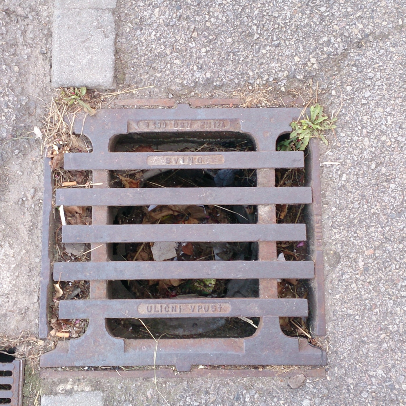Hrubý litinový rošt, posetý nápisy, se noří do hlubin, obklopen drobnými kamínky a suchou trávou. Jeho povrch nese stopy — CoverSpot