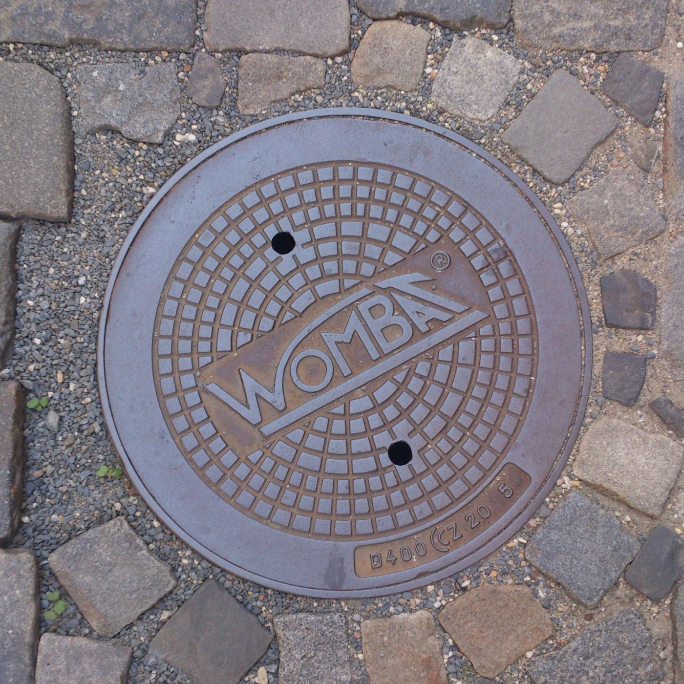 Kruhová mřížkovaná struktura, obklopená nepravidelnými dlažebními kostkami, představuje typický exemplář městské infrast in Olomouc, Olomoucký, Czechia — CoverSpot
