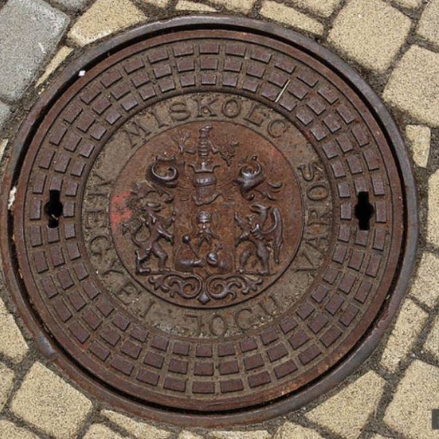 Centrální reliéfní erb města Miskolc, obklopený textem, dominuje tomuto exempláři městské infrastruktury. Patina rzi a o in Miskolc, Hungary — CoverSpot