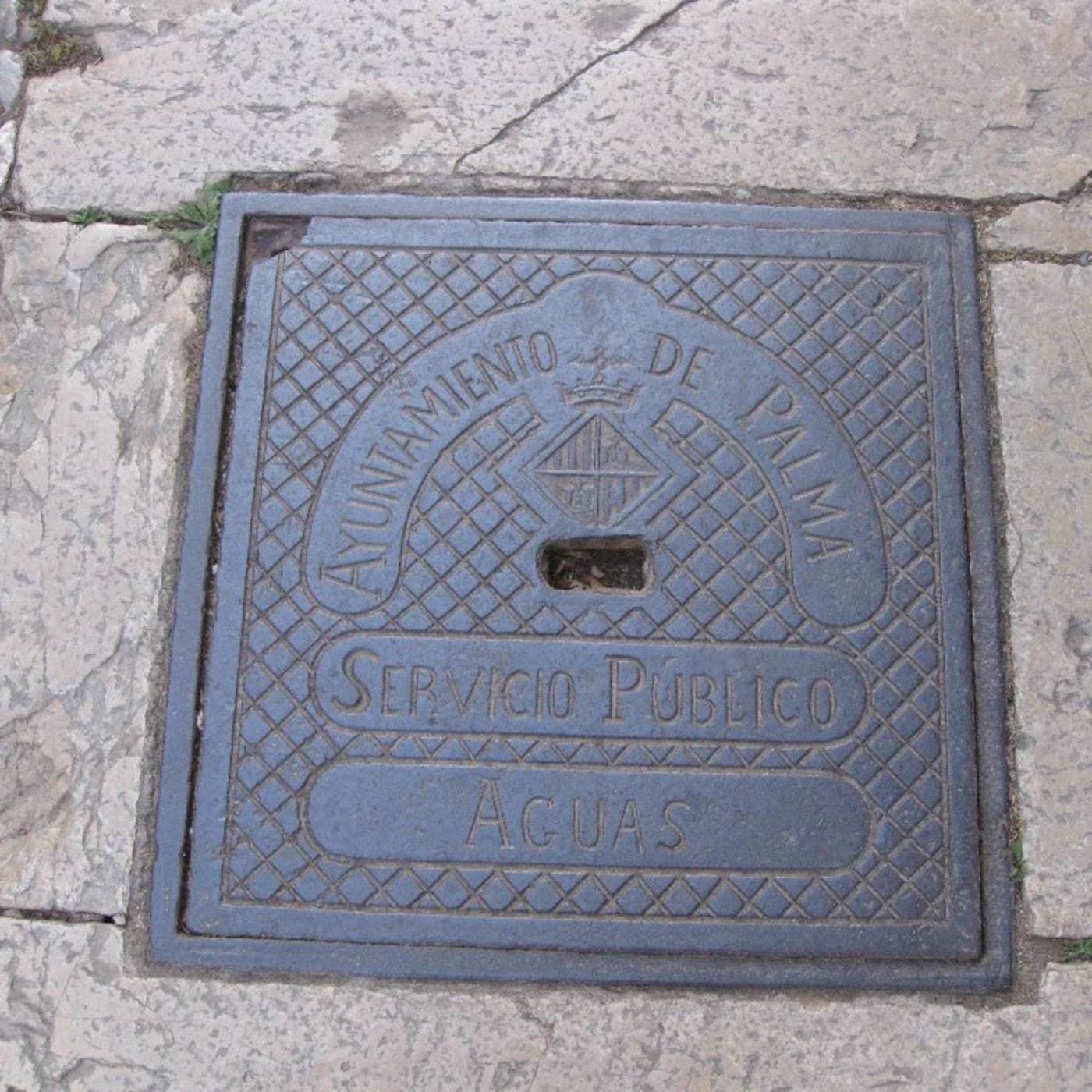 Mřížkovaný vzor pokrývá povrch tohoto čtvercového exempláře, který nese nápisy "AYUNTAMIENTO DE PALMA" a "SERVICIO PUBLI in Palma, Spain — CoverSpot