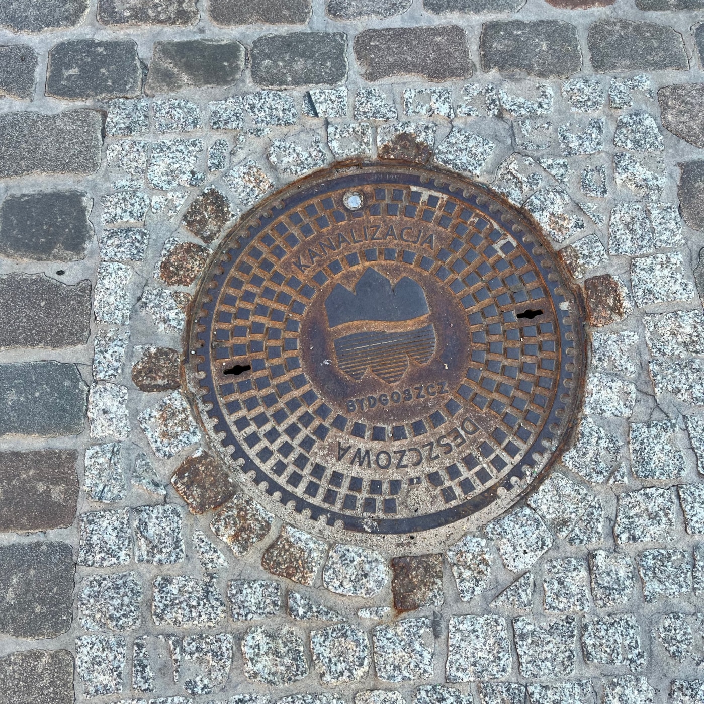Dláždění z hrubých žulových kostek obklopuje tento kruhový litinový exemplář, jehož povrch zdobí geometrický rastr a výr in Bydgoszcz, Poland — CoverSpot