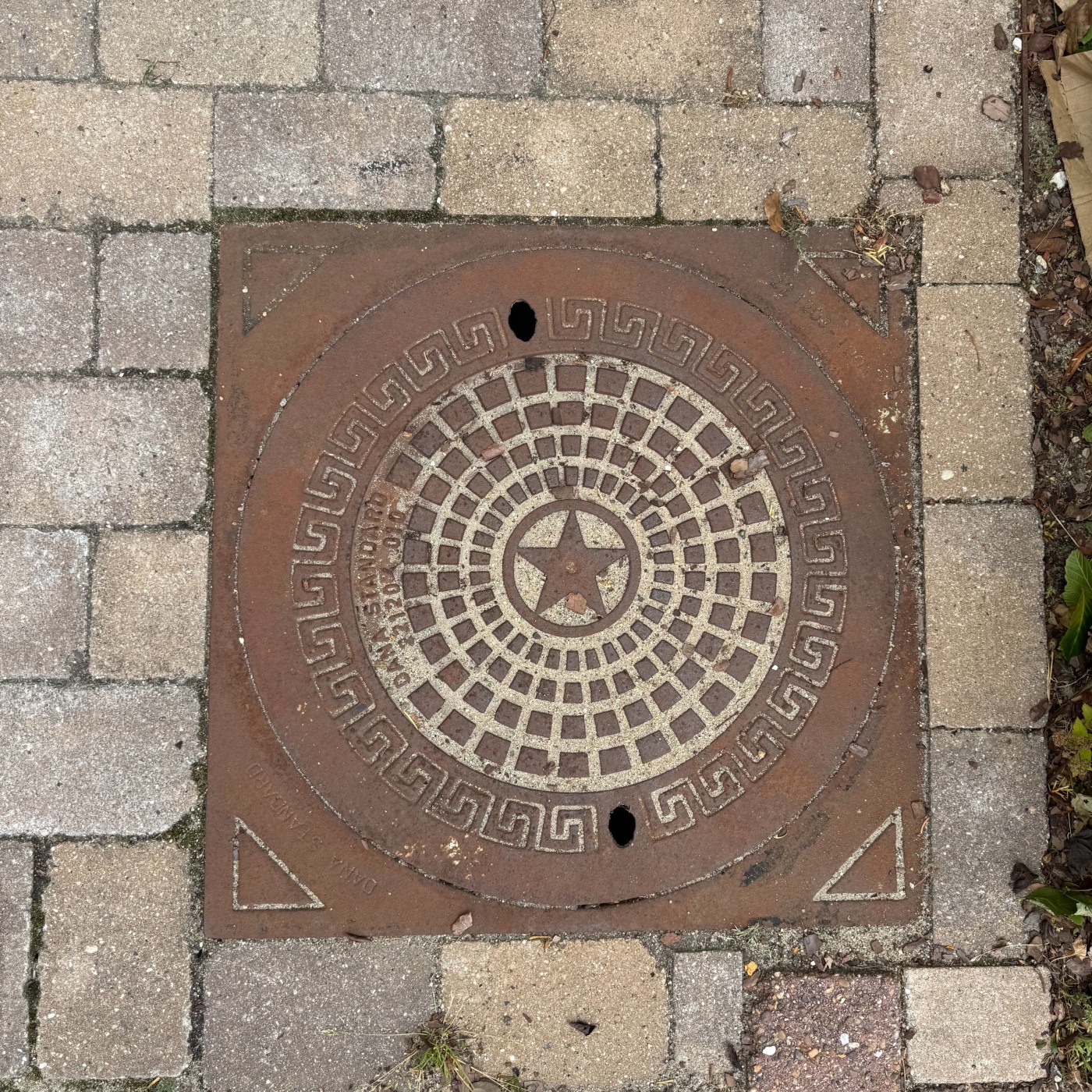 Centrální pěticípá hvězda, obklopená radiální mřížkou a meandrovým vzorem, tvoří dominantní prvek tohoto exempláře. Podl in Billund, South Denmark, Denmark — CoverSpot
